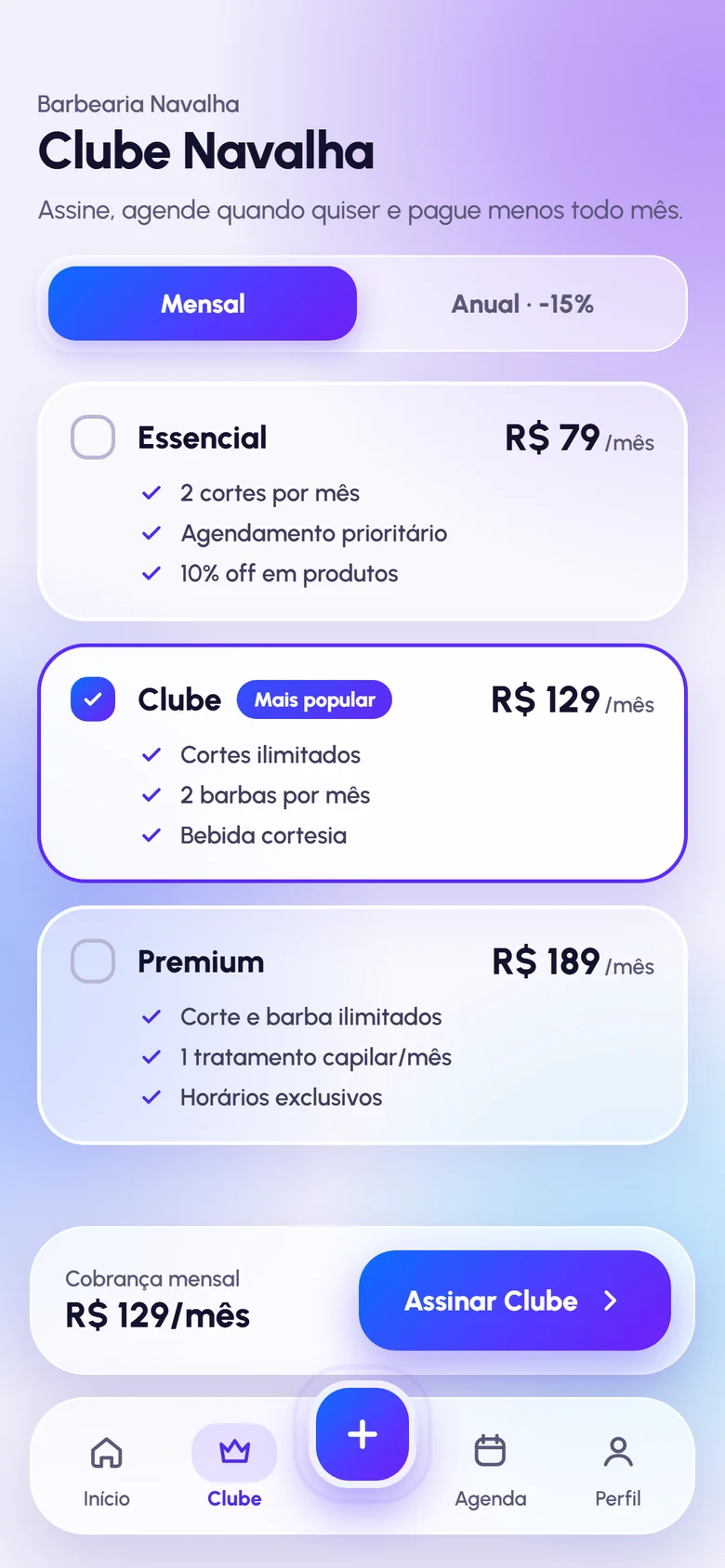 Tela do clube de assinatura com planos mensais