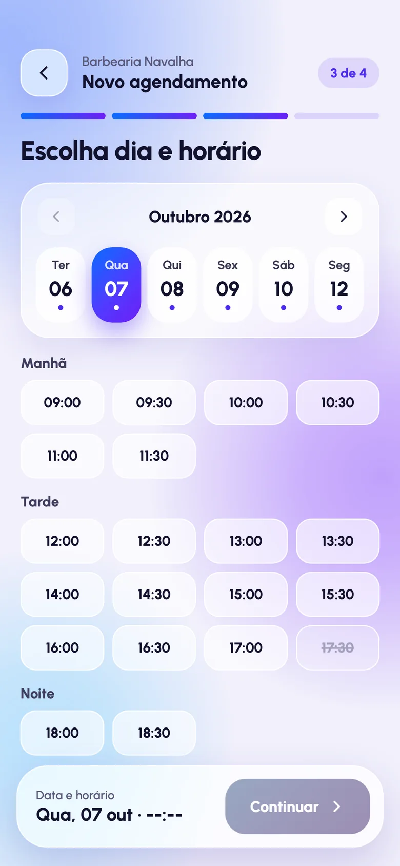 Tela de escolha de dia e horário para agendar manicure